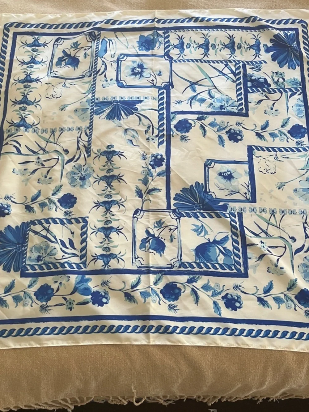 Anthropologie Blue and White Floral Silk Scarf